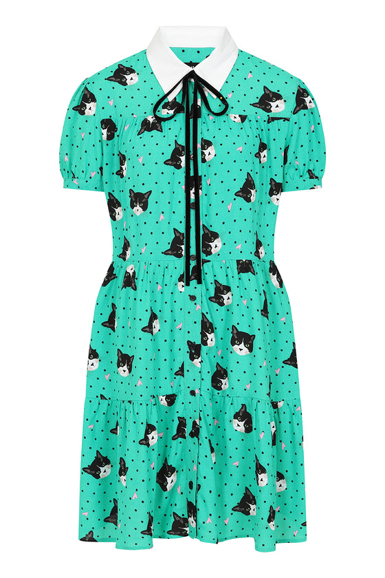 Hell Bunny Love Cats Mini Dress Green Cat Print