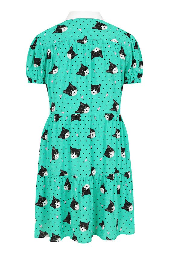 Hell Bunny Love Cats Mini Dress Green Cat Print