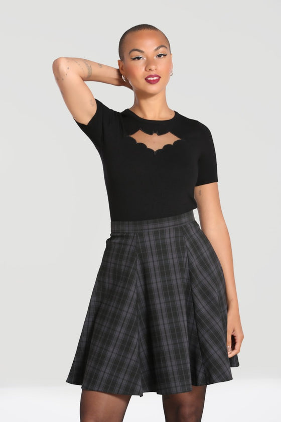 Hell Bunny Gail Skater Mid Skirt Black and Grey Tartan
