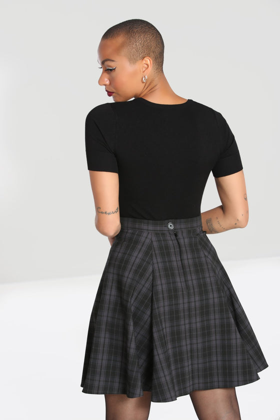 Hell Bunny Gail Skater Mid Skirt Black and Grey Tartan