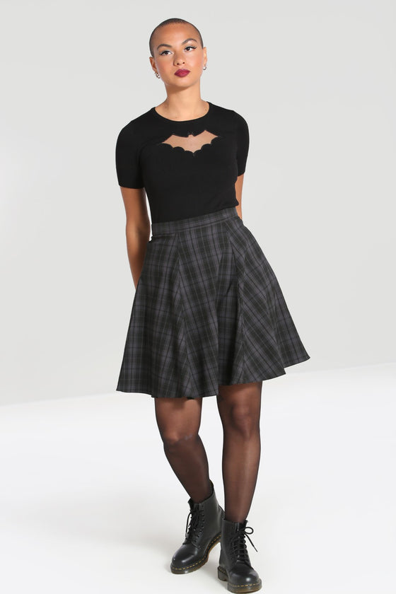 Hell Bunny Gail Skater Mid Skirt Black and Grey Tartan