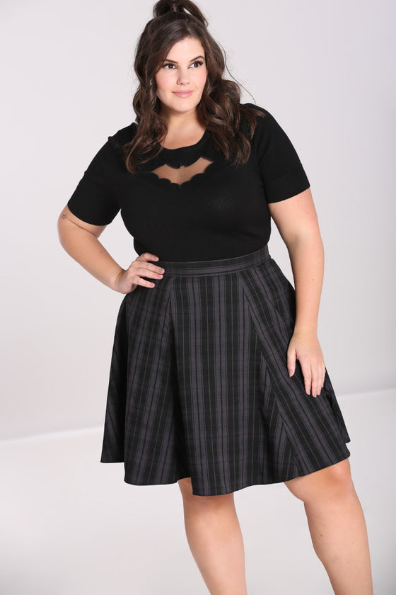Hell Bunny Gail Skater Mid Skirt Black and Grey Tartan