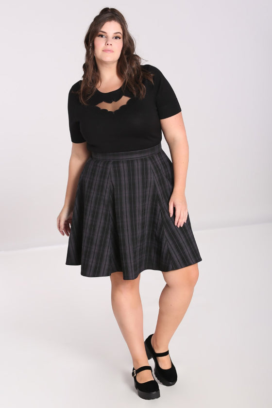 Hell Bunny Gail Skater Mid Skirt Black and Grey Tartan