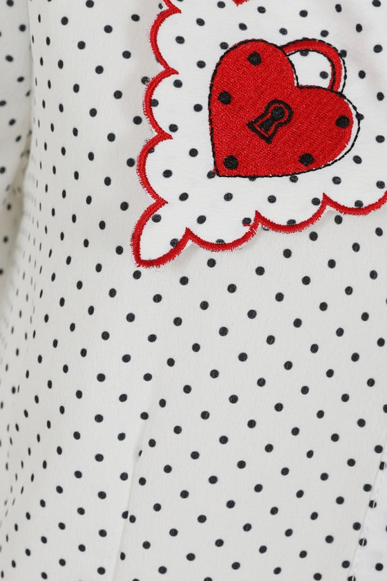 Hell Bunny Heart Lock Blouse White Polkadot with statement collar