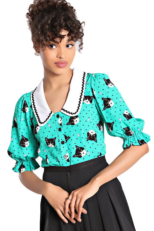 Hell Bunny Love Cats Blouse Cat Print with Statement Collar