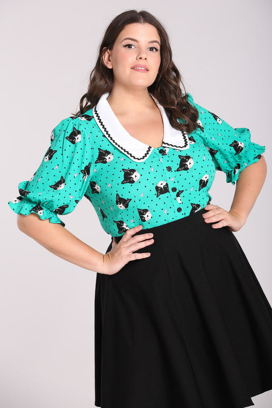 Hell Bunny Love Cats Blouse Cat Print with Statement Collar