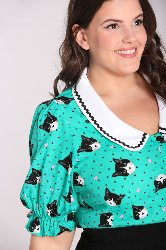 Hell Bunny Love Cats Blouse Cat Print with Statement Collar