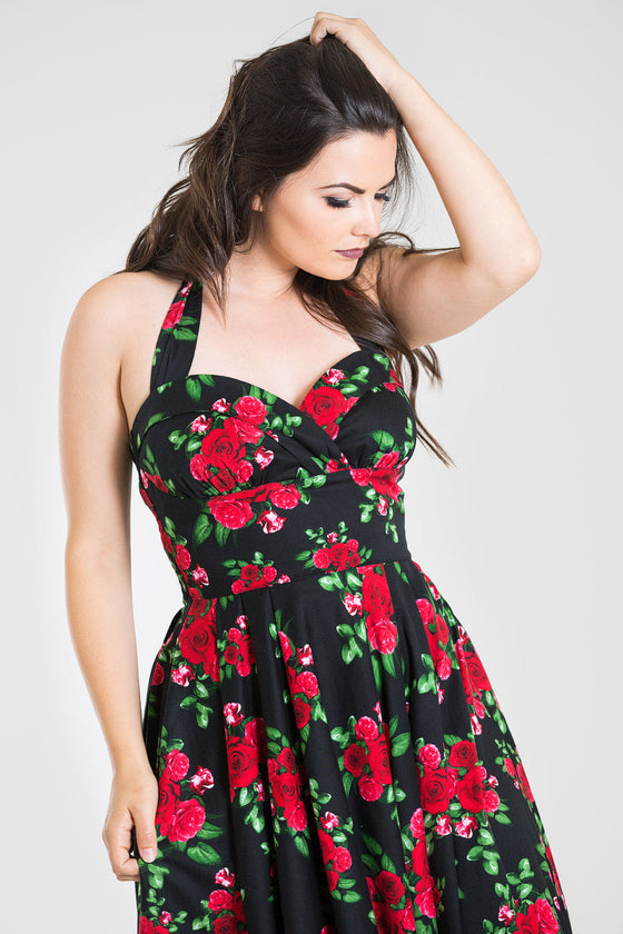 Hell Bunny Cannes 50s Dress in Classic Black and Red Floral Print