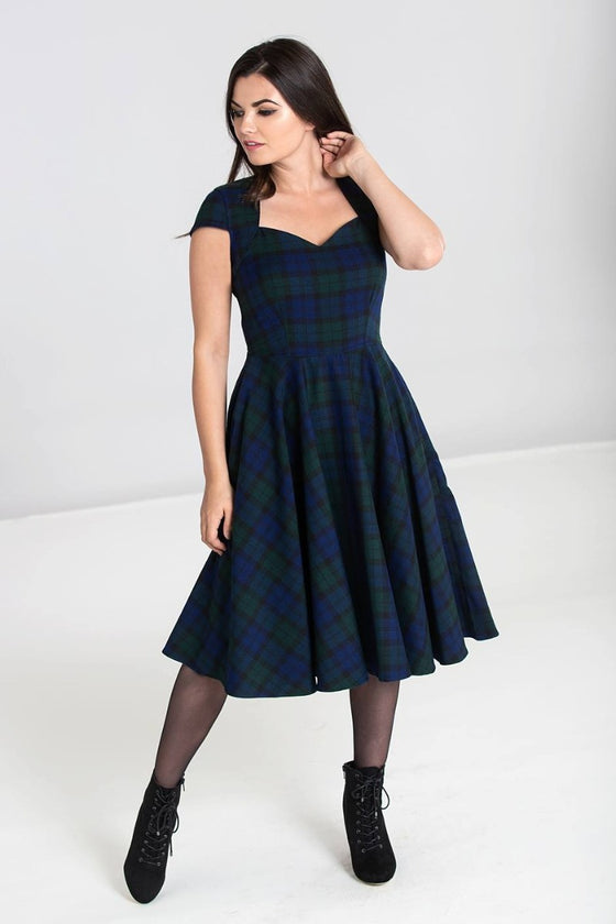Hell Bunny Aberdeen 50s Dress in Dublin Tartan Green and Navy