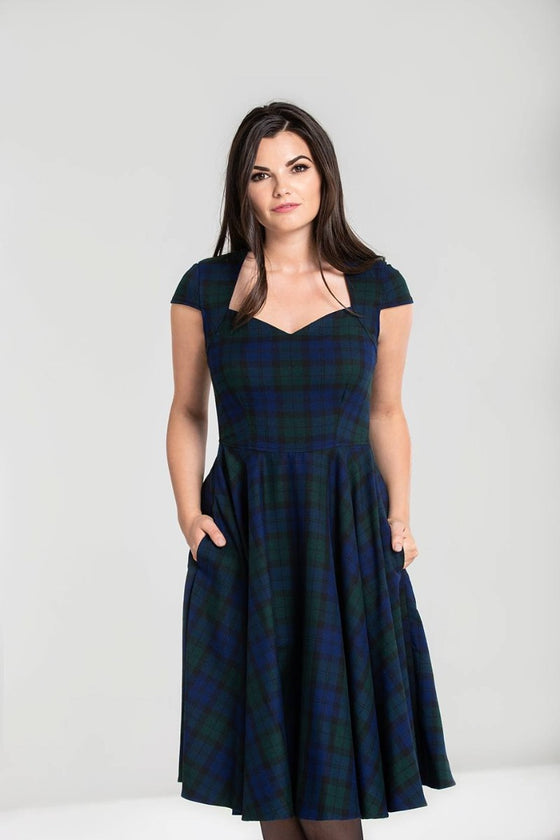 Hell Bunny Aberdeen 50s Dress in Dublin Tartan Green and Navy