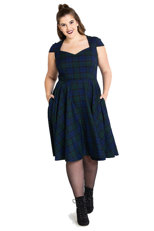 Hell Bunny Aberdeen 50s Dress in Dublin Tartan Green and Navy