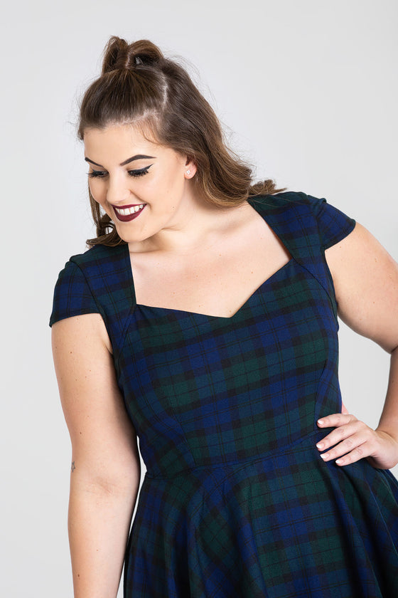 Hell Bunny Aberdeen 50s Dress in Dublin Tartan Green and Navy