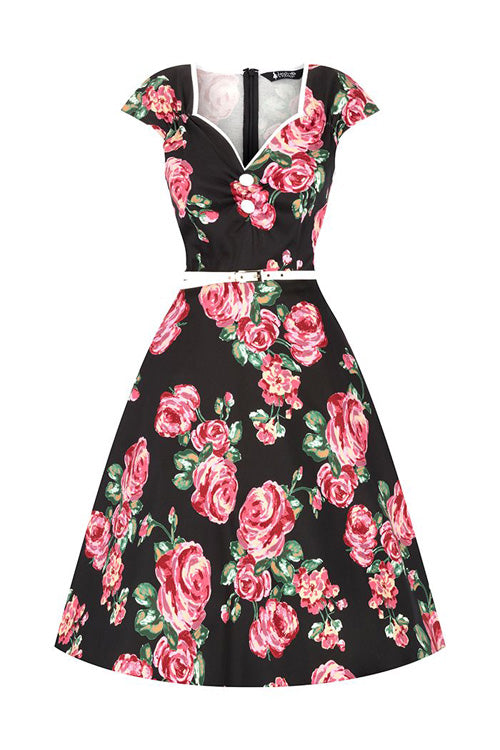 Lady Vintage Isabella Dress in Pink and Black Rose Classic