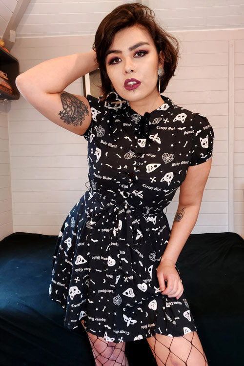 Collectif Mary Grace Skater Dress in Creepy Girl print