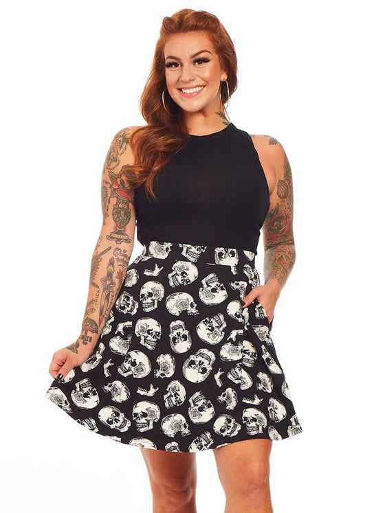 Sourpuss Skater Skirt in Skull Duggery Print